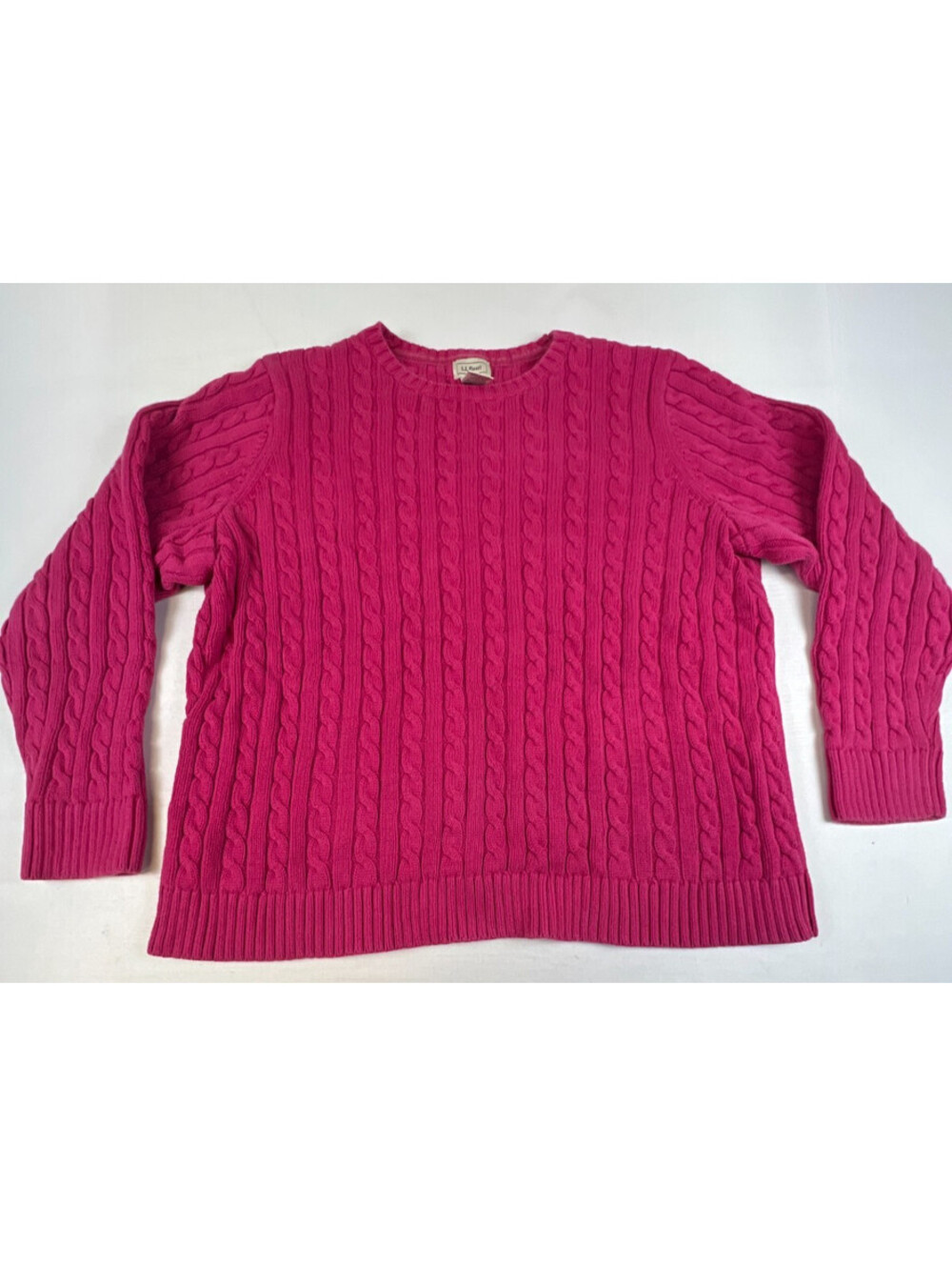 L.L.Bean Womens 1X Pink 100% Cotton Cable Knit Crewneck Pullover Sweater